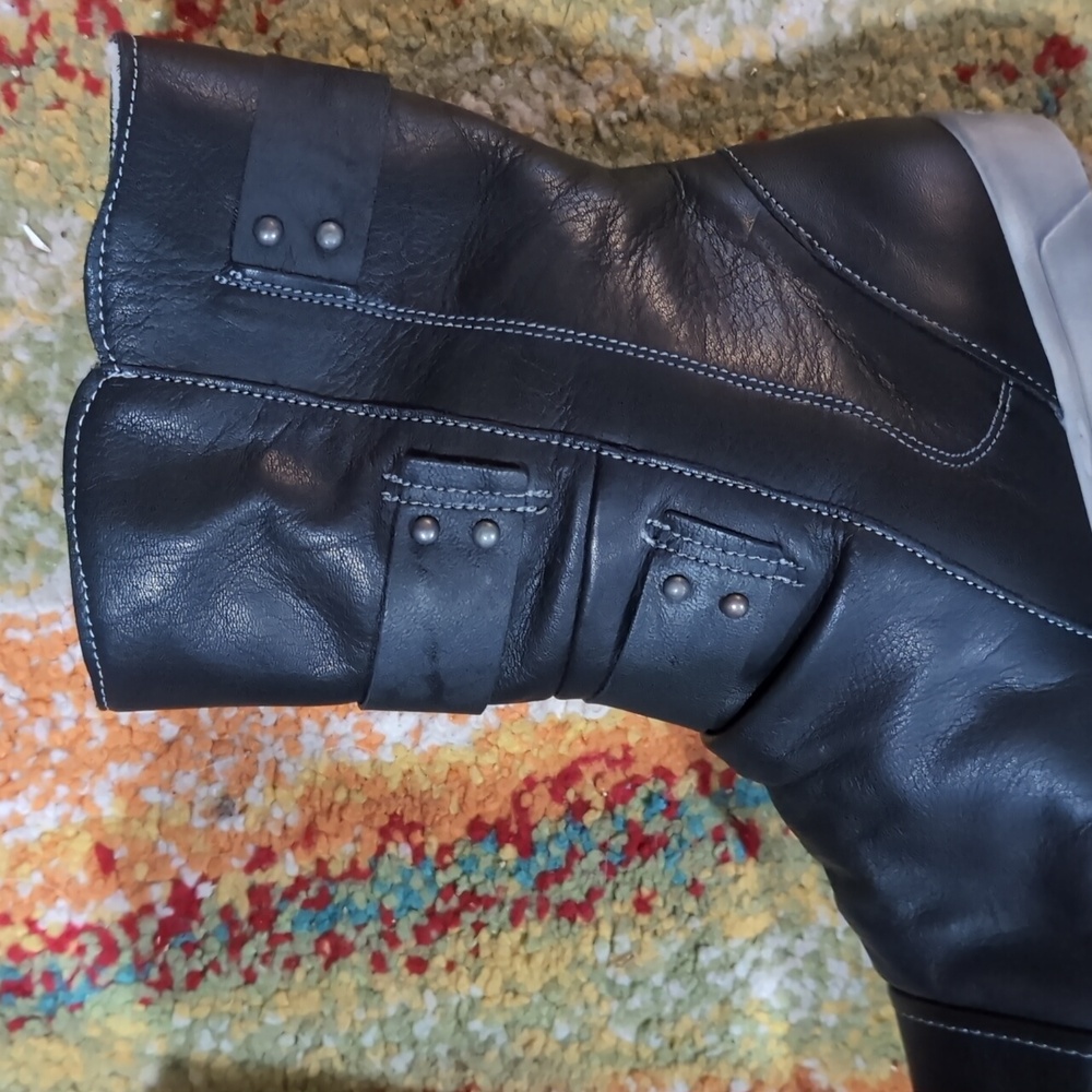 Cloud Black Leather Mid-Calf Ankle Boot with Strap Accents - Picture 3 of 7